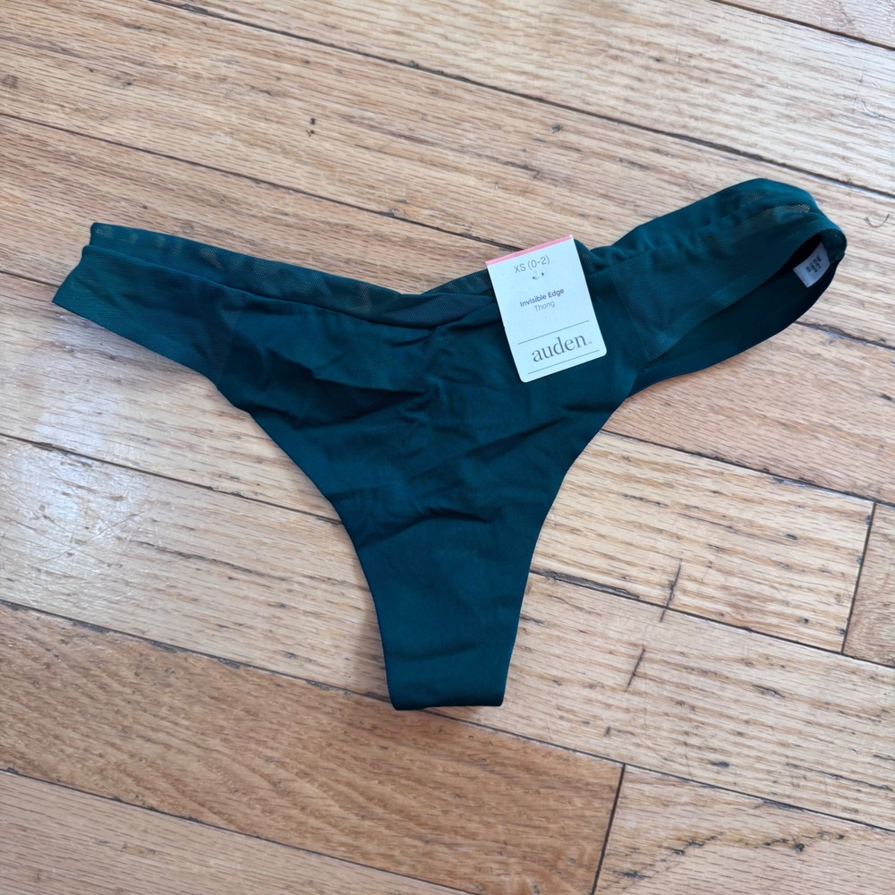 Auden Invisible Edge Thong Forest Green Mesh Trim Panty XS 0-2‎ New